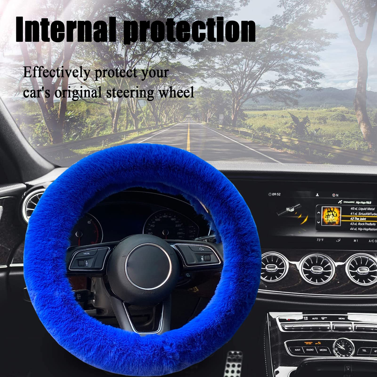 6pcs Fluffy Steering Wheel Cover Set for Women with Shoulder Straps, Faux Fur Keychain & Bling Car Coasters, Universal 15Inch Royal Blue Car Interior Decor for Winter Comfort & Stylish Driving