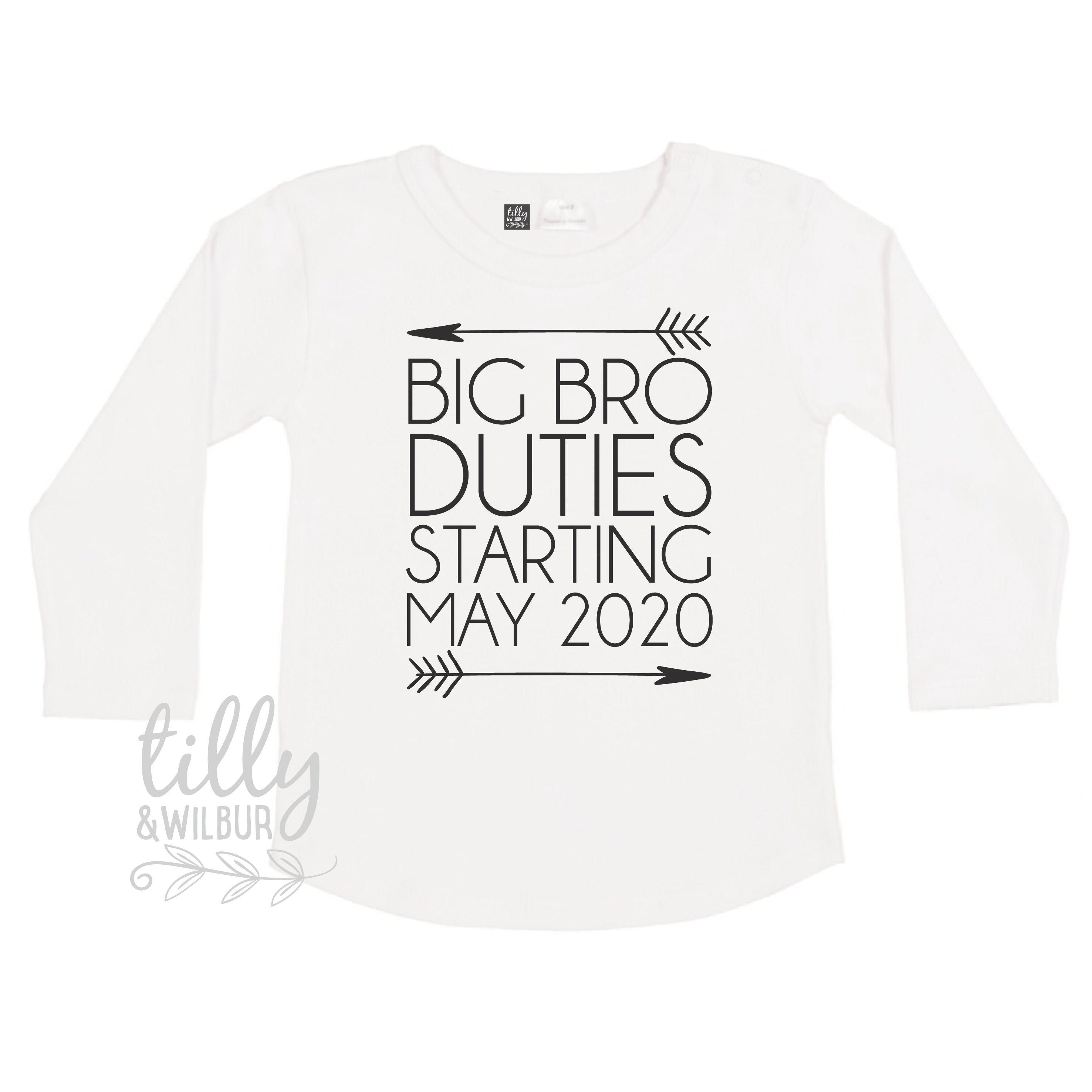 Big Brother Duties Starting With Personalized Due Date - Long Sleeve T-Shirt for Expecting Families & Sibling Announcements