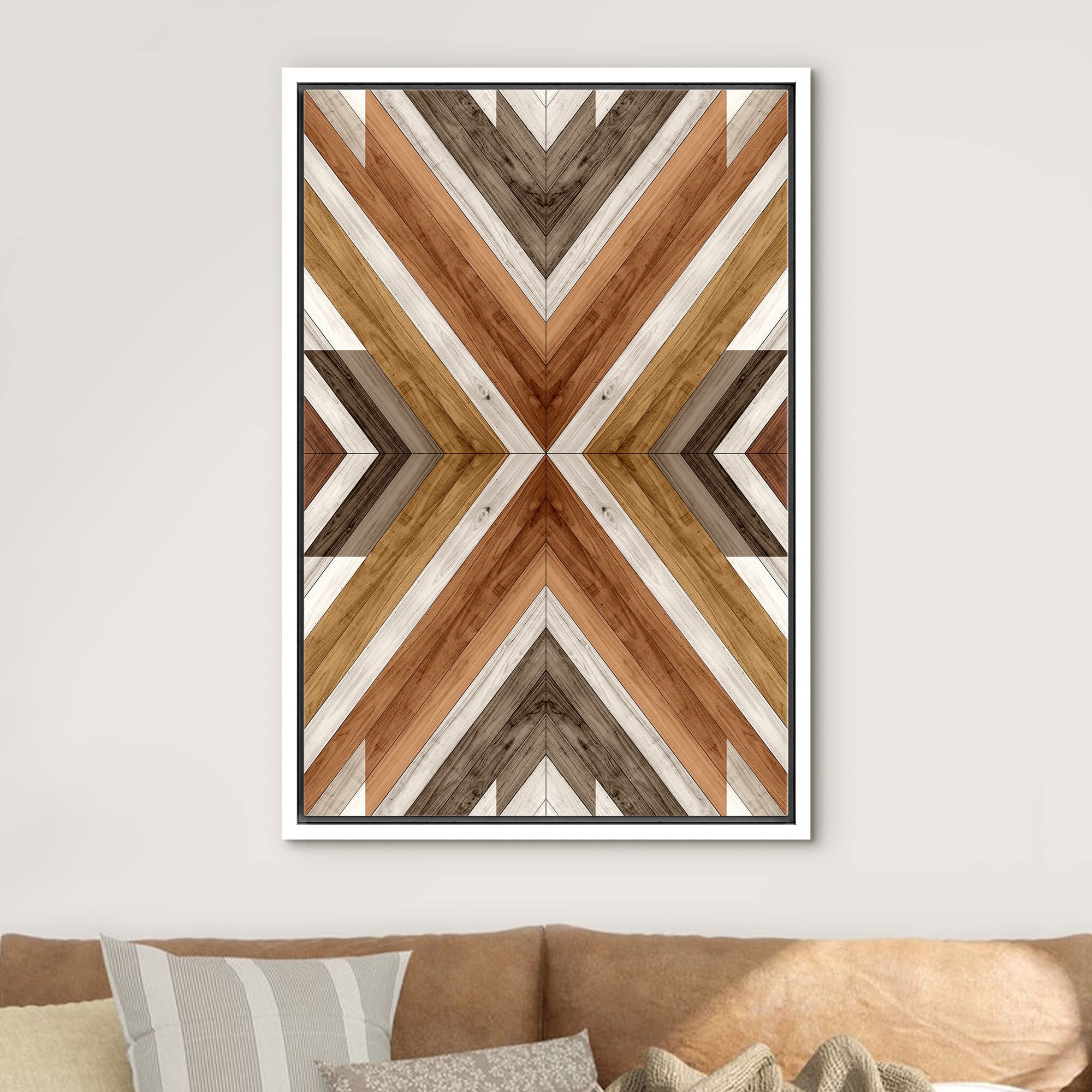IDEA4WALL Framed Canvas Print - Western Tribal Wood Panel Art, Abstract Landscape Shapes, Modern Nordic Minimal Boho Decor for Living Room, Bedroom, Office - 24