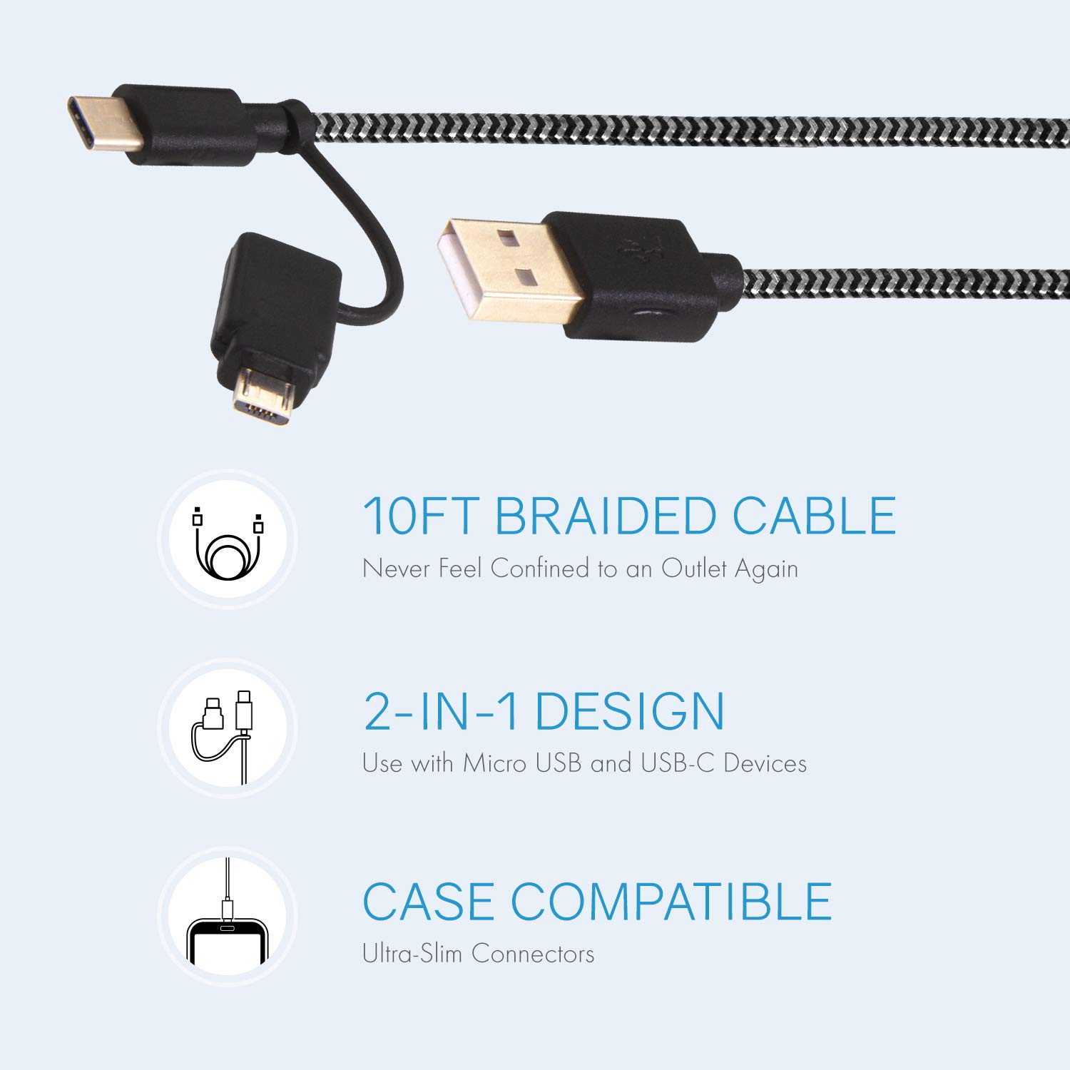10ft USB-A to USB-C Fast Charging Cable with Micro USB Adapter - High Speed Data Sync & Charging Cord for Smartphones, Tablets, Laptops - Compatible with iPhone 15, Samsung Galaxy, iPad, MacBook (Black, RLMC4BK) - Perfect for Home, Office & Travel Charging