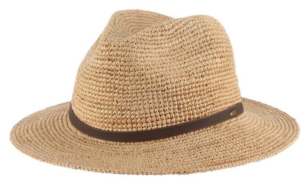 Scala Men's Fine Crochet Raffia Safari Hat with Genuine Leather Trim - Perfect for Beach, Travel & Outdoor Adventures