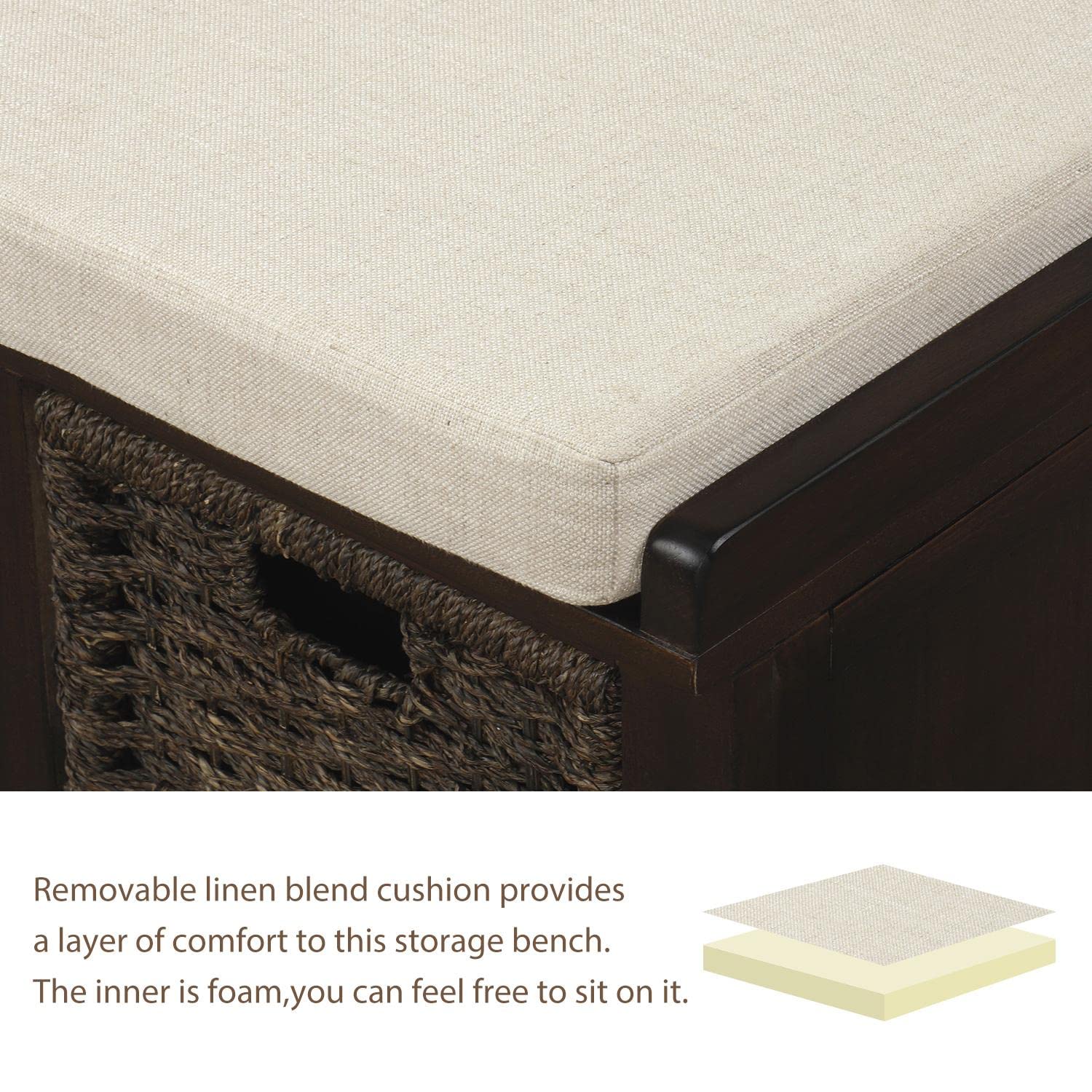 JINS&VICO Entryway Storage Bench with 3 Rattan Baskets & Removable Cushion - Shoe Bench, Footrest, Hallway Organizer (Espresso) - Perfect for Entryway, Living Room, Bedroom & Mudroom Organization