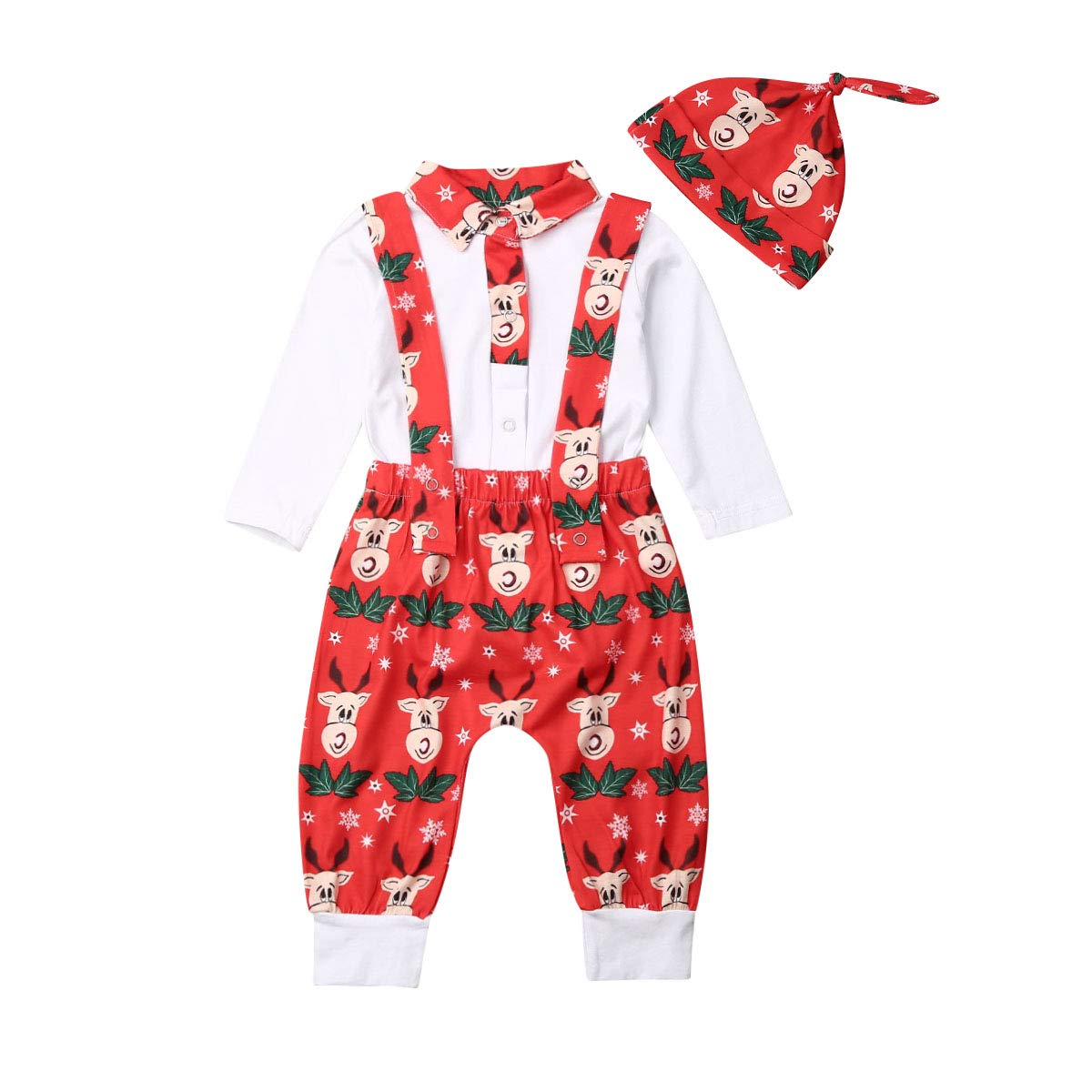 Adorable Newborn Baby Boy & Girl Christmas Outfits - 3PC Set with Romper, Suspender Pants & Hat | Perfect for Holiday Photos, Family Gatherings & Festive Celebrations