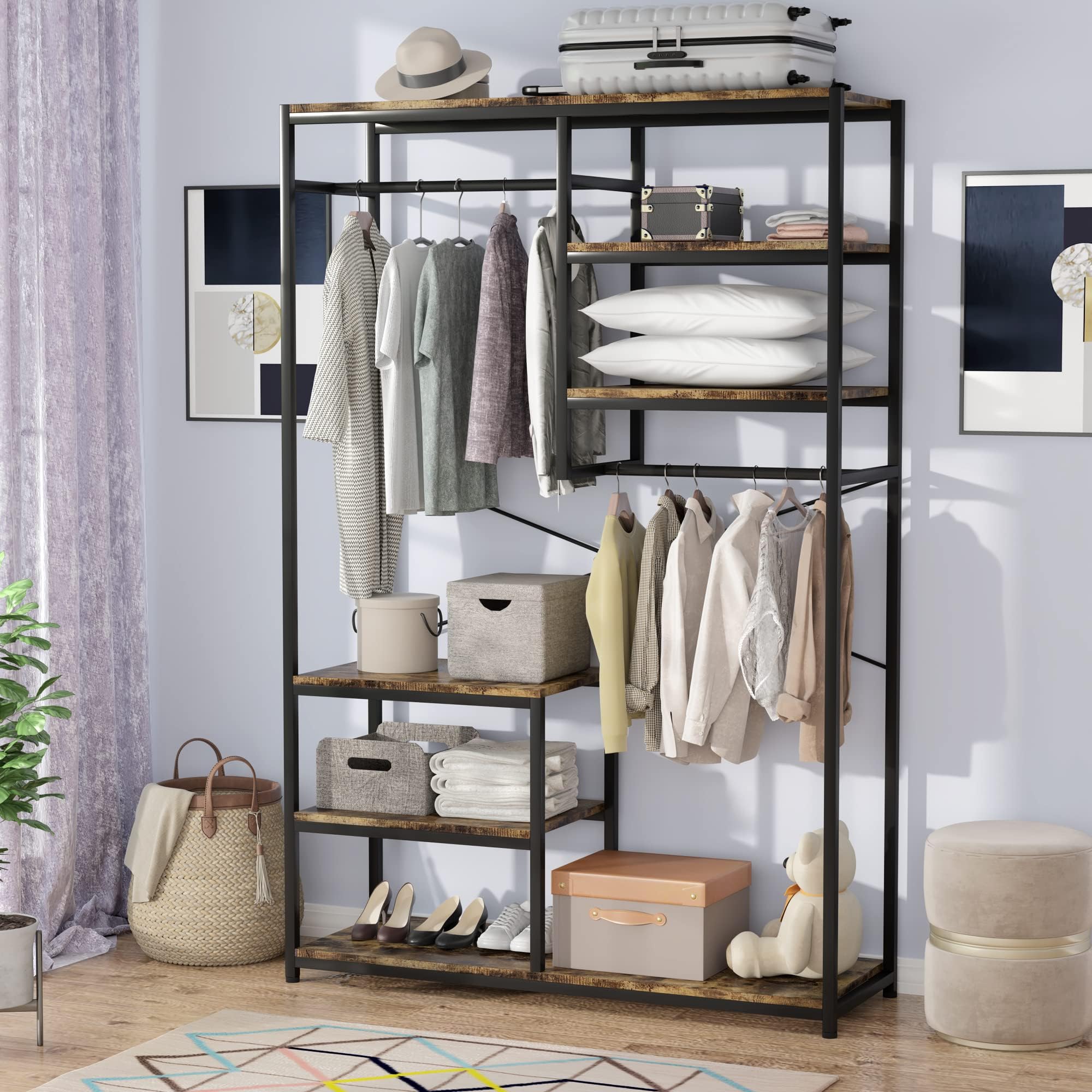 JoliJour Wood and Metal Freestanding Coat Rack with Shelves - 120x40x180cm Entryway Clothes Hanger, Wardrobe Organizer for Hallway, Bedroom or Office Storage
