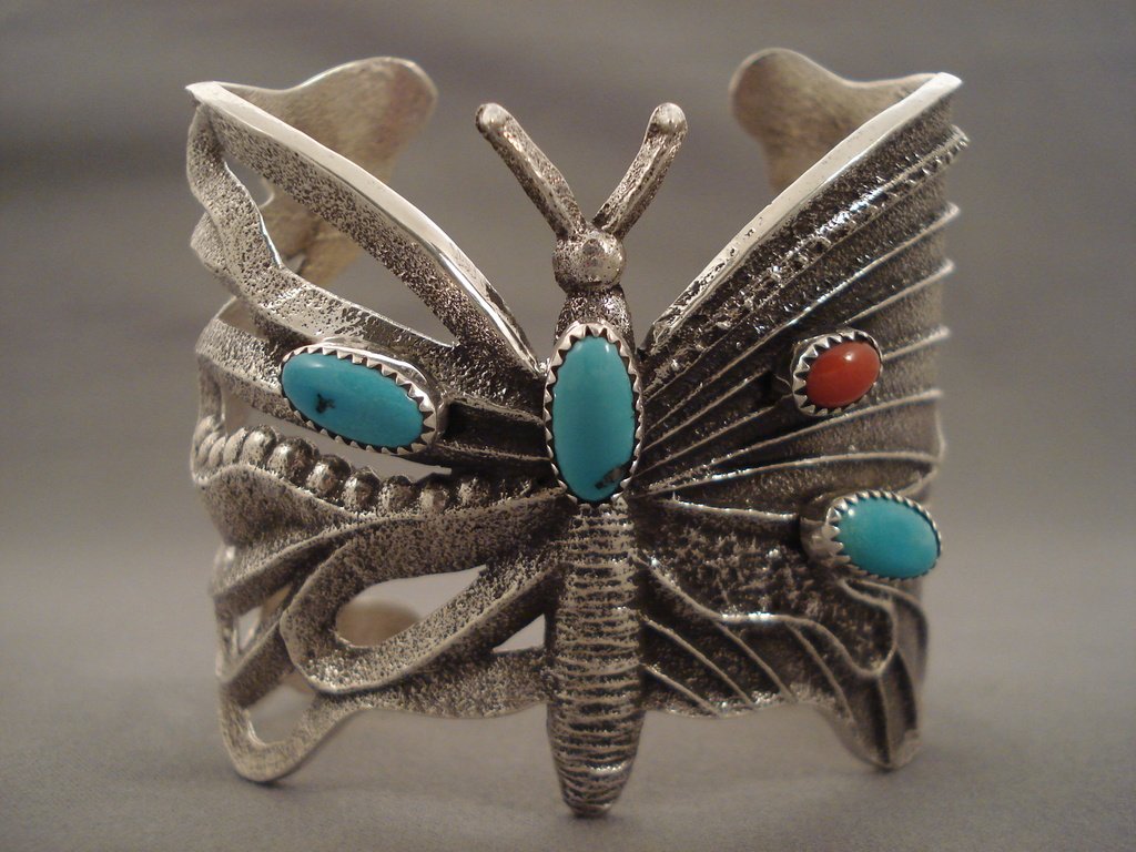 Authentic Navajo Turquoise Coral Silver Bracelet - 106g Butterfly Cuff Native American Jewelry for Women - Perfect for Boho Fashion, Festivals & Special Occasions