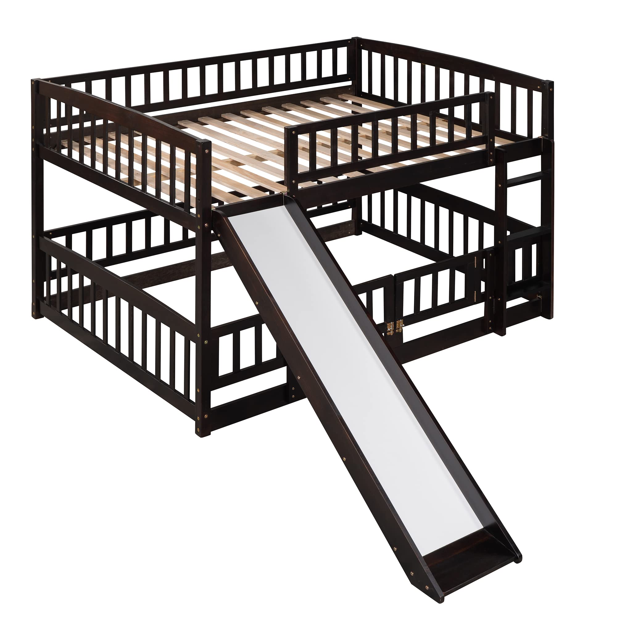 Harper & Bright Designs Full Over Full Bunk Bed with Slide, Safety Fence & Ladder - Espresso Wood Low Bunk Bed for Kids, Toddlers, Boys & Girls - Perfect for Small Bedrooms, Shared Kids Rooms & Sleepovers