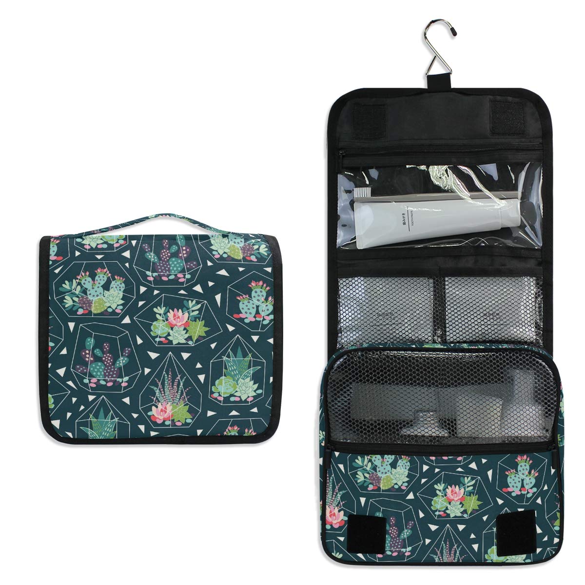 AGONA Hanging Toiletry Bag - Trendy Tropical Plant & Succulent Design Travel Organizer for Women & Men - Portable Cosmetic & Makeup Pouch with Hook - Perfect for Bathroom Storage, Camping Trips & Vacation Travel Accessories