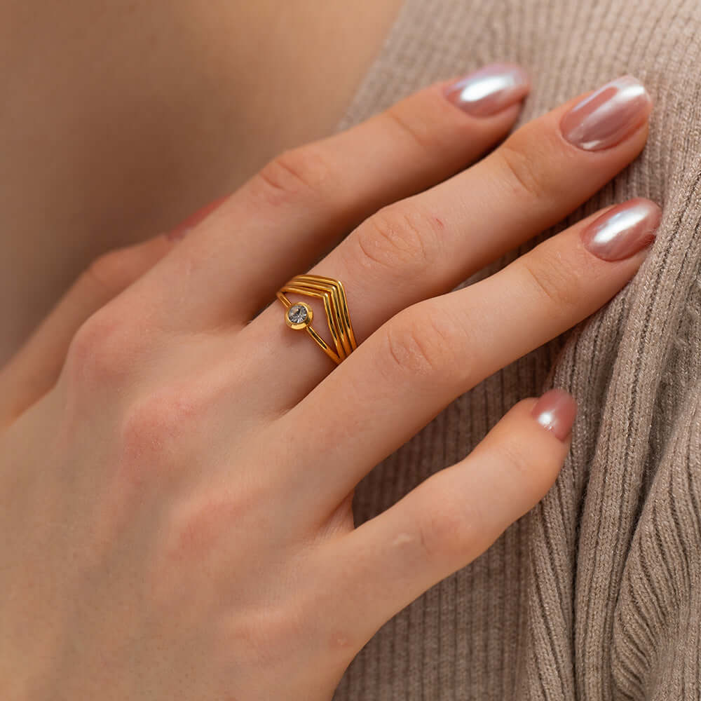 18K Gold Bezel Chevron Ring Stackable - Elegant Dainty Stacking Ring for Women | Perfect for Layering, Everyday Wear & Special Occasions | JDR006