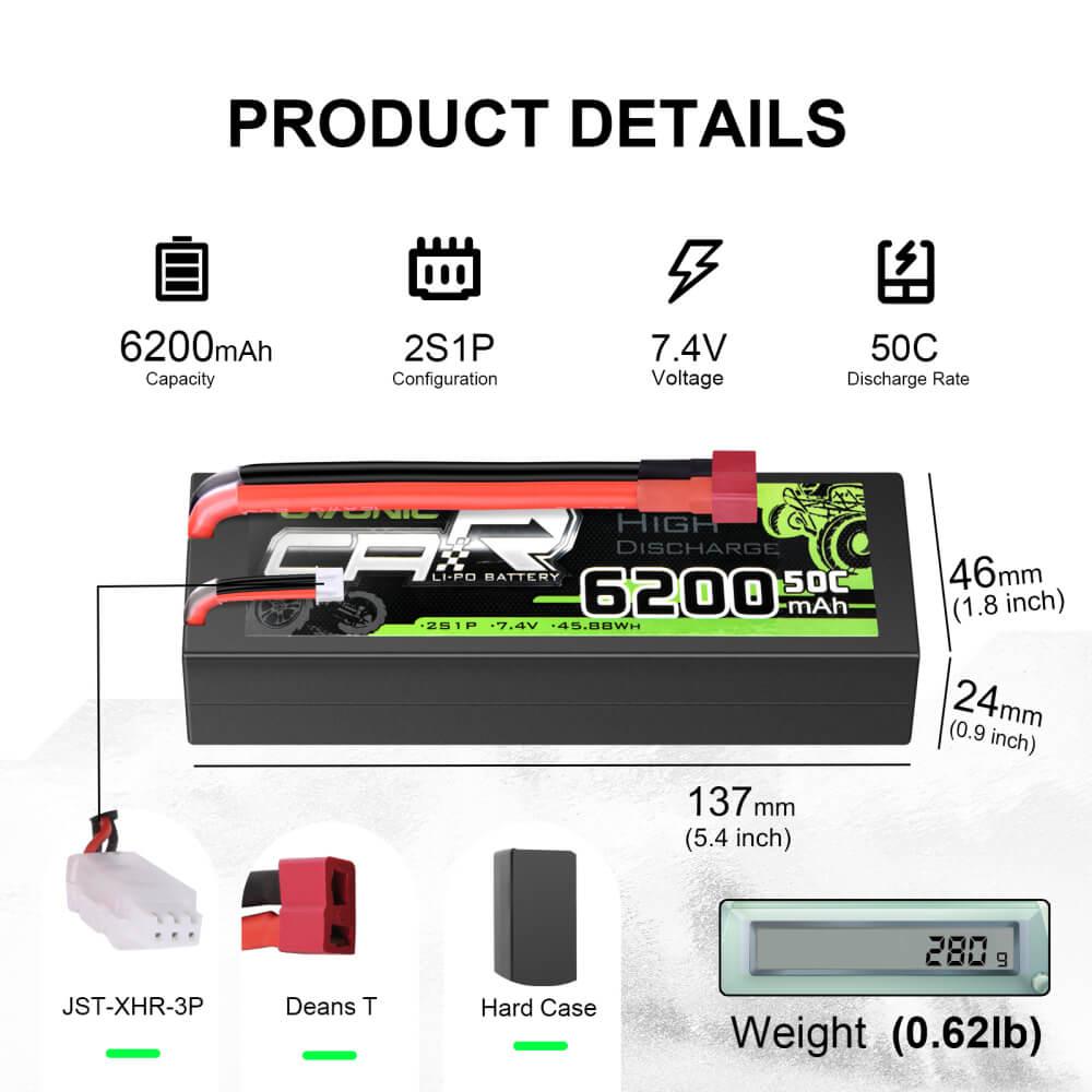 2Pack Ovonic 2S Lipo Battery 6200mAh 7.4V 50C 2S1P Hard Case with Deans Plug - High Performance Rechargeable Battery for 1/8 1/10 RC Cars, Trucks, Boats - Perfect for Racing, Crawling and Off-Road Adventures
