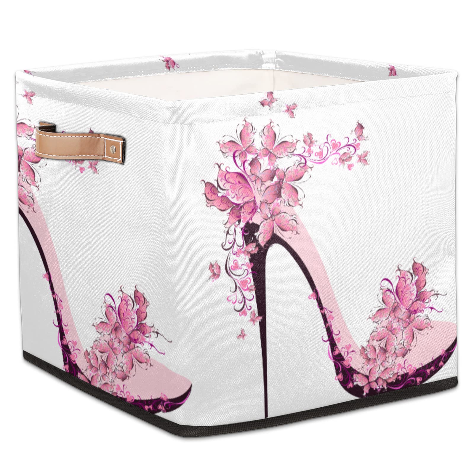 Pink High Heel Shoe Storage Basket with Butterfly Design - Collapsible Storage Bin for Pantry, Shelves, Office & Girls Room - 13x13 Inch Organizer Cube with Handles - Perfect for Toys, Books & Home Organization