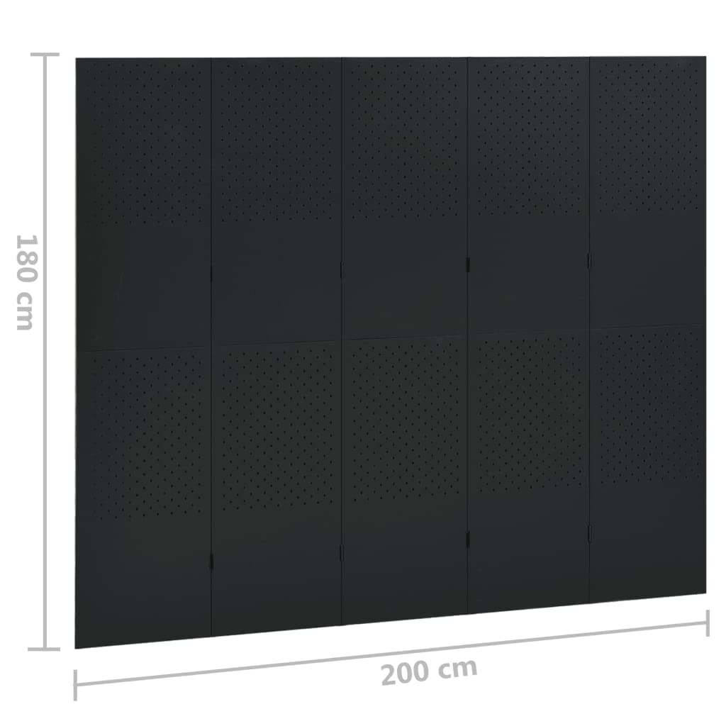 5-Panel Black Steel Room Divider Screen - 78.7