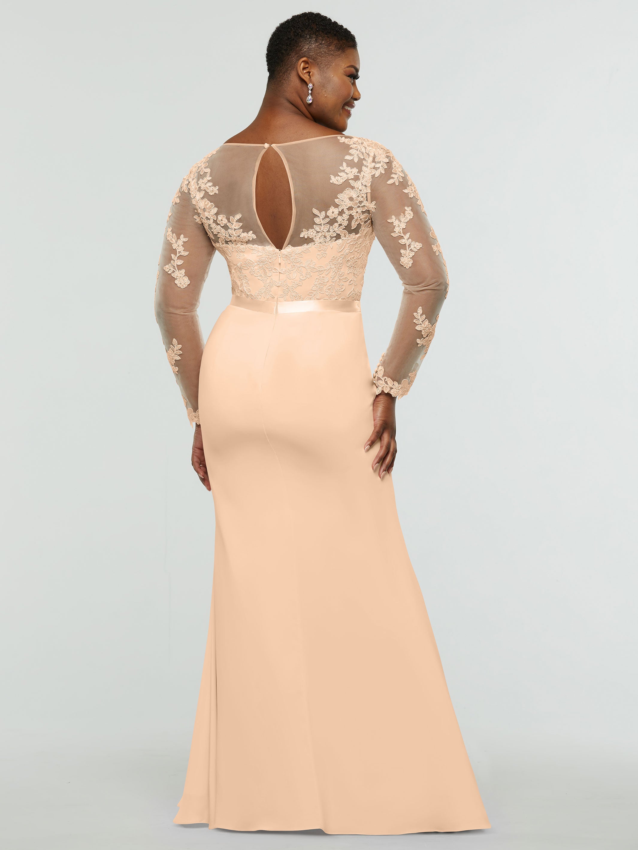 Elegant 80190 Chiffon & Lace Mermaid Bridesmaid Dress with Illusion Long Sleeves - Perfect for Weddings, Proms & Formal Events