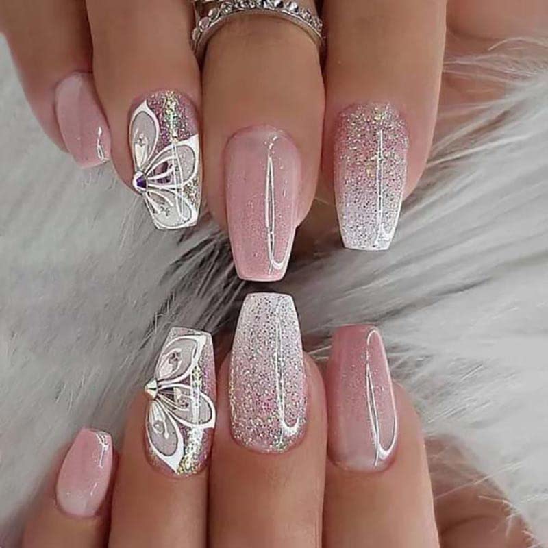 144PCS Short Square Press on Nails - Medium Coffin Fake Nails with Pink Gradient & Glossy Rhinestone Flower Designs | French Tip Ballerina Stick on Nails for Women & Girls | Perfect for Parties, Weddings, and Everyday Glam