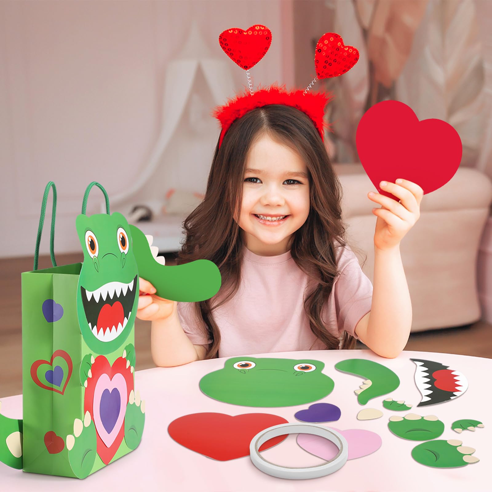 18 Pcs DIY Valentine's Day Paper Gift Bags for Kids - Cute Dinosaur Print Candy Bags with Handles, Classroom Party Favors, School Exchange Gifts, Valentine Crafts & Gift Wrapping Activities (Green) - Perfect for Valentine's Day Celebrations, Classroom Parties & Kids' Craft Activities