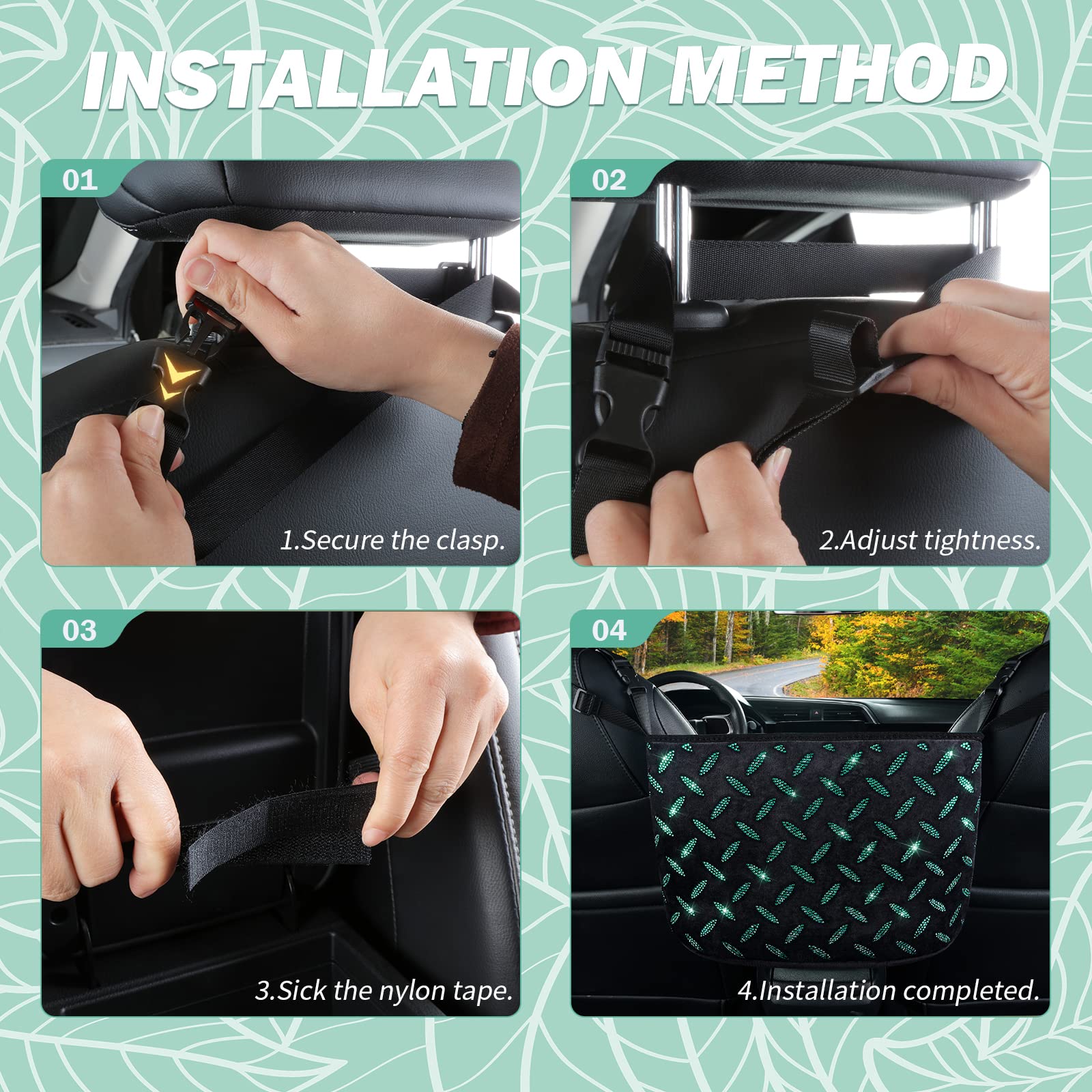 Crystal Car Organizer & Storage Purse Holder with Bling Diamonds - Seat Back Net Handbag Accessories for Women, Pet Barrier for Dogs & Kids (Green) - Perfect for Road Trips, Commuting & Family Travel