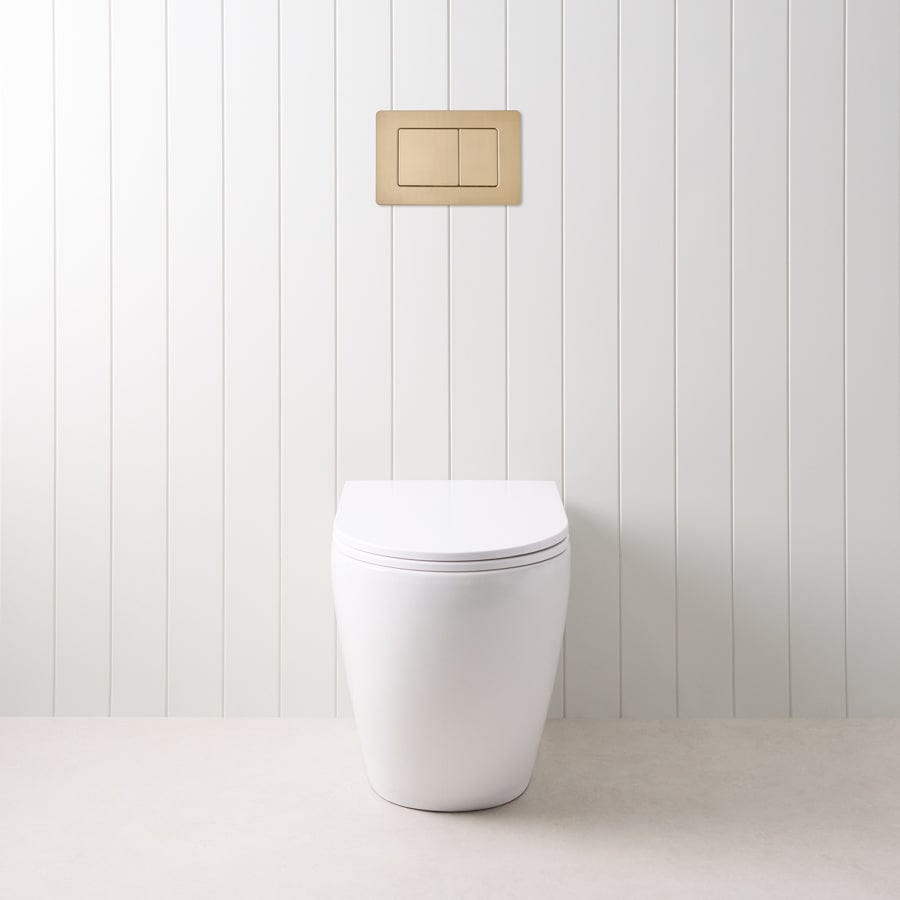 Curved In-Wall Toilet with Rectangle Warm Brushed Nickel Buttons - Modern Water-Saving Design for Bathroom & Commercial Spaces