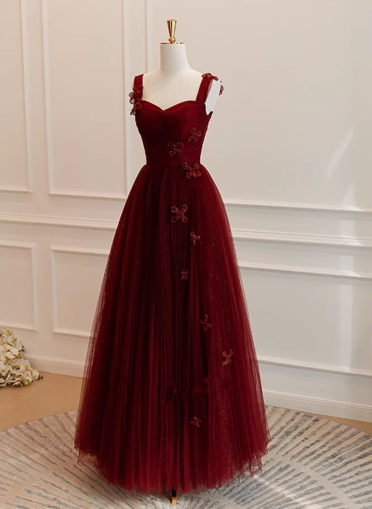 Elegant A-Line Tulle Long Formal Evening Dress in Wine Red - Perfect for Prom, Wedding, and Special Occasions - Style J4276