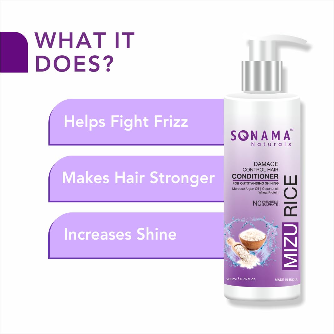 Sonama Naturals Mizu Rice Water Conditioner - Repair & Hydrate Dry, Damaged, Frizzy Hair | Smoothing Treatment for Curly & Straight Hair | Natural Moisturizing Hair Care for Men & Women (200ml) | Perfect for Daily Use & Post-Color Treatment
