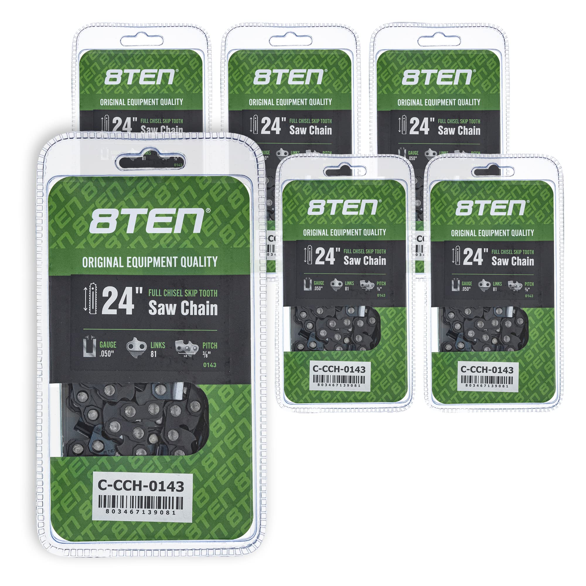 8TEN Full Chisel Skip Tooth Chainsaw Chain 24 Inch .050 Gauge 3/8 Pitch 81DL - Compatible with Echo CS-600P, Jonsered 2260, Craftsman (6 Pack) - Ideal for Professional Logging, Tree Felling & Firewood Cutting