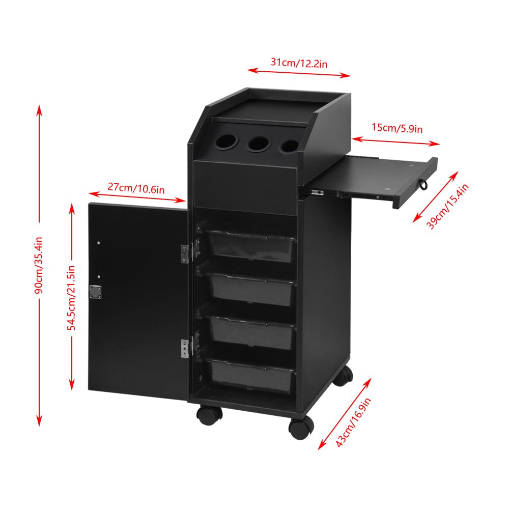 4HOMART Salon Trolley Storage Cart with 4 Drawers & 3 Hair Dryer Holders - Space-Saving Side Tray & Lockable Wheels for Salon, Spa, Barber Shop - Perfect for Styling Tools, Hair Products & Equipment Organization