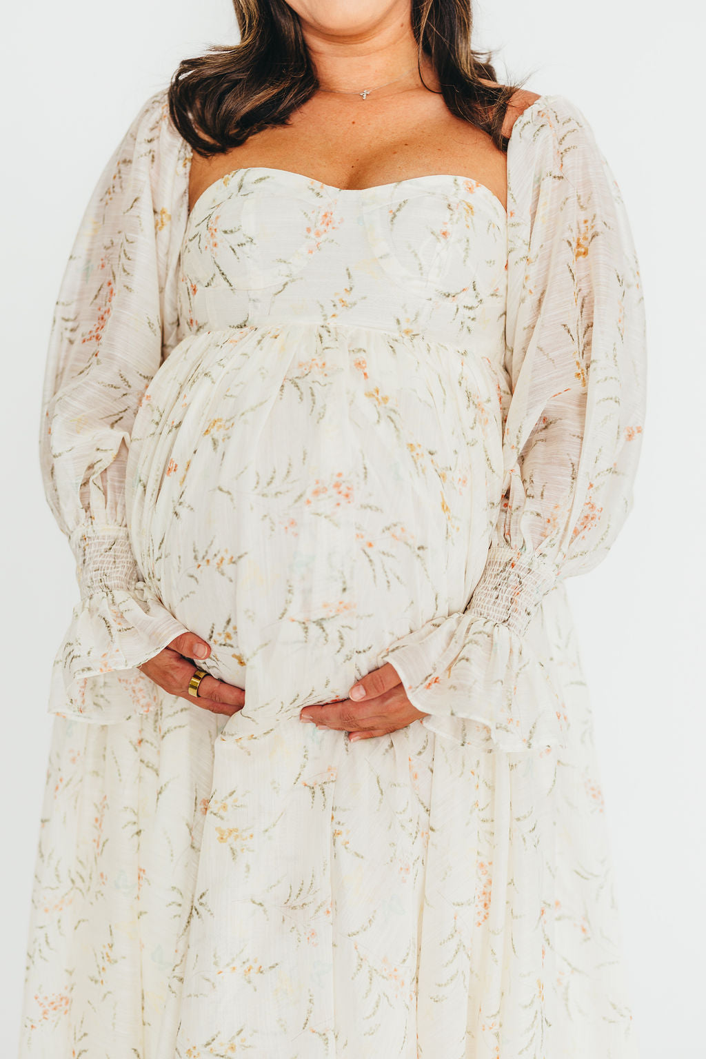 Delilah Floral Maternity Dress with Train - Bump Friendly Cream Wedding Gown for Pregnancy Photoshoot & Special Occasions *PRE ORDER*