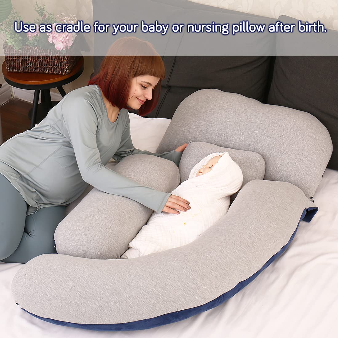 MOON PINE 60 Inch Pregnancy Pillow for Maternity Support - Detachable U-Shaped Full Body Pillow for Pregnant Women, Grey & Blue Velvet & Jersey Cover - Perfect for Side Sleeping, Back Pain Relief and Comfortable Pregnancy Sleep