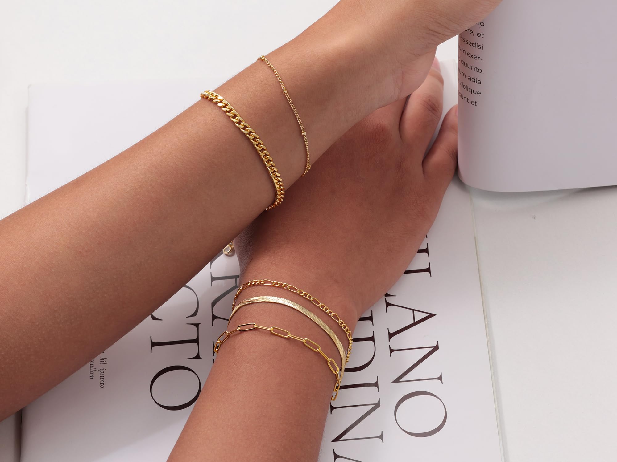 14K Real Gold Bracelets for Women - Stackable Waterproof Jewelry Set with Beaded, Cuban, Paperclip, Snake & Herringbone Chains | Trendy Dainty Cute Bracelet Pack for Everyday Wear, Gifts & Special Occasions