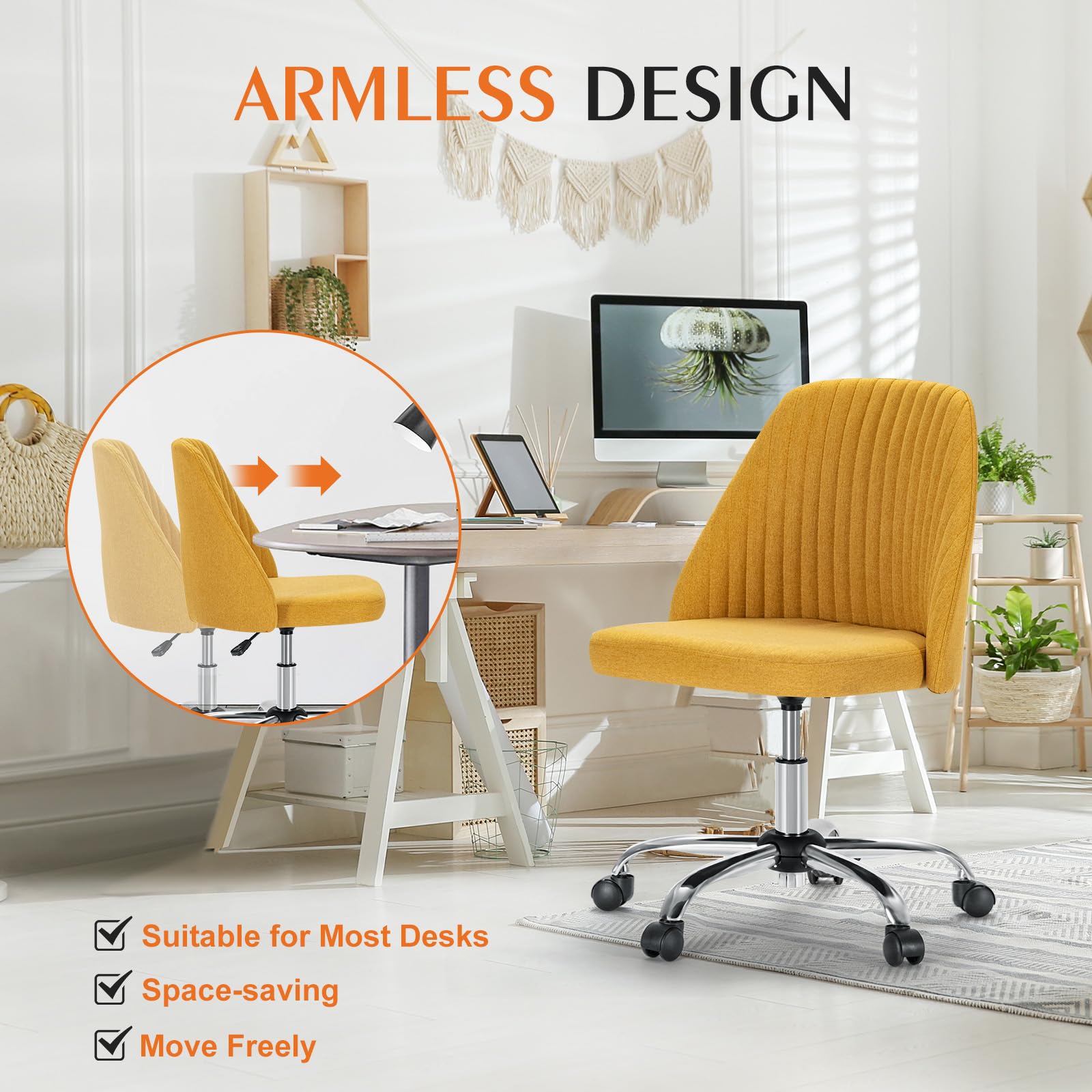 Sweetcrispy Armless Office Chair - Modern Fabric Swivel Desk Chair with Wheels & Adjustable Height, Ergonomic Computer Task Chair for Home Office, Small Spaces | Perfect for Workstations, Gaming & Vanity Areas