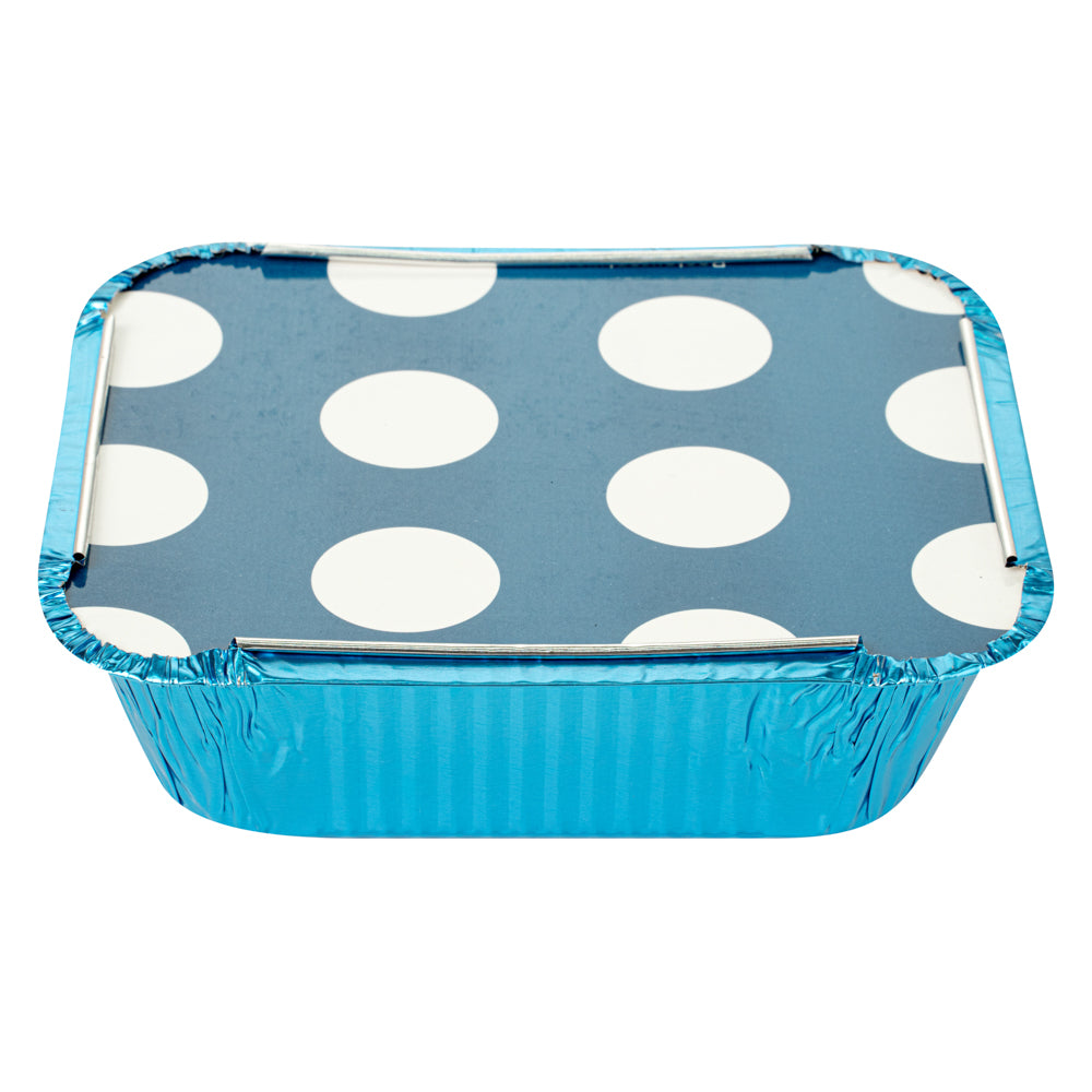 12 oz Rectangle Blue Aluminum Take Out Containers with Polka Dot Paper Lids - 5 3/4 x 4 3/4 x 1 3/4 Inches - Pack of 200 - Perfect for Restaurants, Catering, and Food Delivery Services