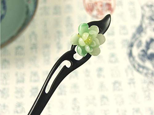 Handmade Wooden Hair Stick - Chinese Ancient Style Carved Hair Pin with Ebony & Jade Flower for Women | Perfect for Bun Updos, Weddings & Traditional Hairstyles