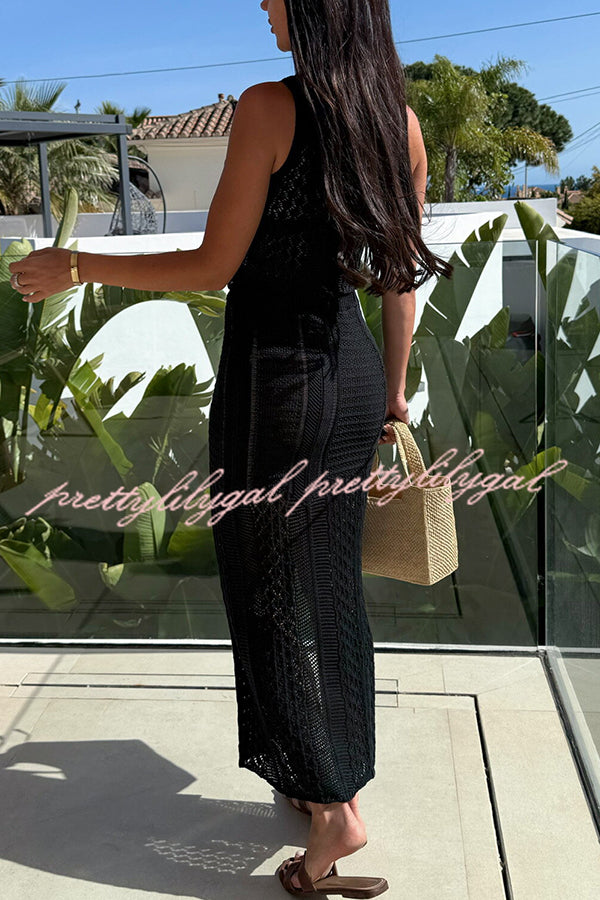 Stylish Solid Color Sleeveless Hollow Knit Crop Top & Elastic Slit Slim Midi Skirt Set - Summer Outfit for Women | Perfect for Beach, Party & Casual Wear