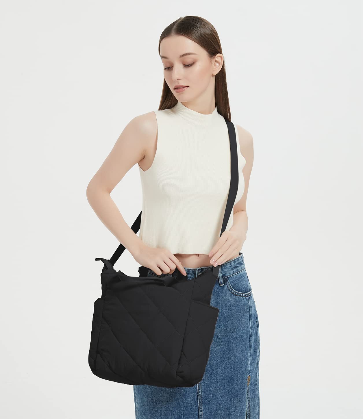 GRPKSSIB Quilted Tote Bag for Women - Lightweight Puffer Shoulder Bag & Hobo Crossbody Bag - Casual Nylon Padded Handbag for Work, Travel & Shopping