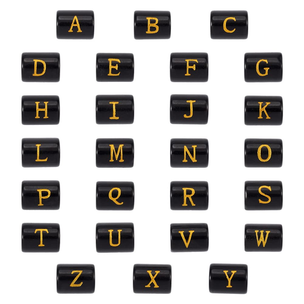 Cheriswelry 26Pcs 11mm Black & Gold Alphabet Glass Beads - DIY Letter Beads for Necklace, Bracelet, Jewelry Making - Perfect for Personalized Gifts, Initial Jewelry, and Craft Projects (Men & Women)