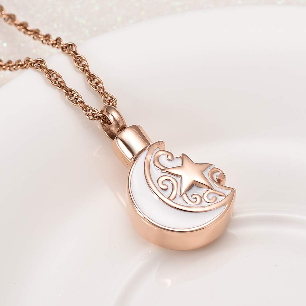 Stainless Steel Cremation Necklace for Ashes - Crescent Moon & Star Urn Pendant Memorial Keepsake - Rose Gold Ash Holder Jewelry for Loved Ones | Perfect for Funeral, Memorial Service & Daily Wear to Keep Memories Close