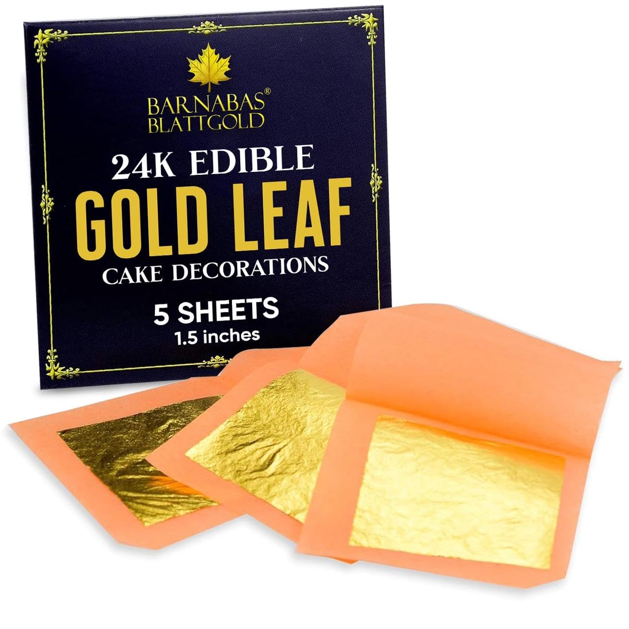 24K Edible Gold Leaf Sheets - 1.5 Inch for Cake & Cupcake Decorations, Chocolate & Dessert Topping - Premium Loose Gold Leaf with 5 Interleaf Sheets | Perfect for Wedding Cakes, Gourmet Desserts & Luxury Food Presentation