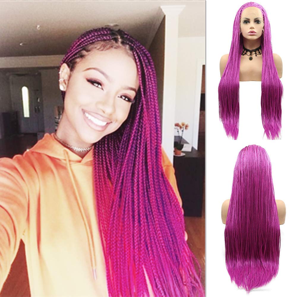 Hot Purple Long Box Braided Wigs for Women - 28 Inch Micro Braided Lace Front Synthetic Wigs | Glueless Heat Resistant Fiber Hair for Cosplay, Halloween & Party Wear