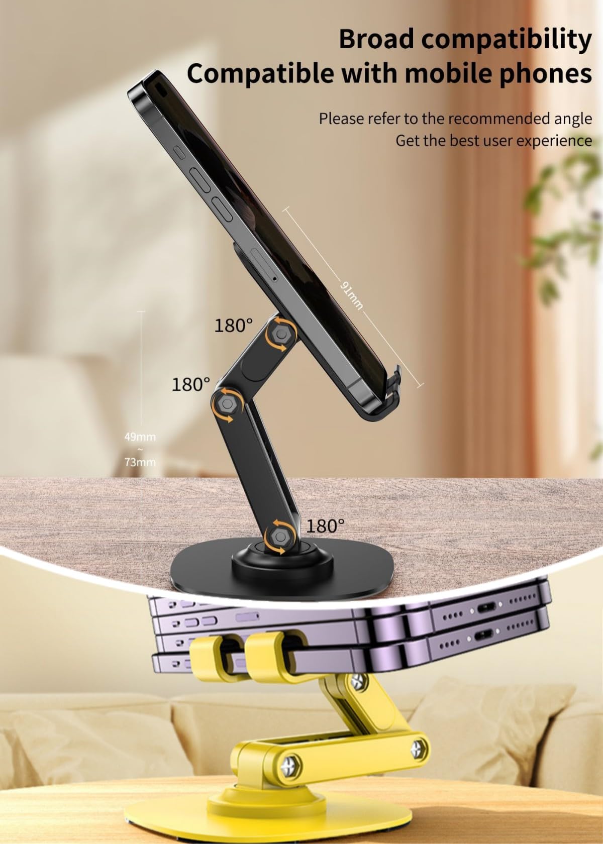 360 Degree Rotating Foldable Metal Phone & Tablet Stand - Adjustable Desktop Holder for iPhone, iPad, Samsung - Perfect for Live Streaming, Video Calls & Hands-Free Viewing (Black)