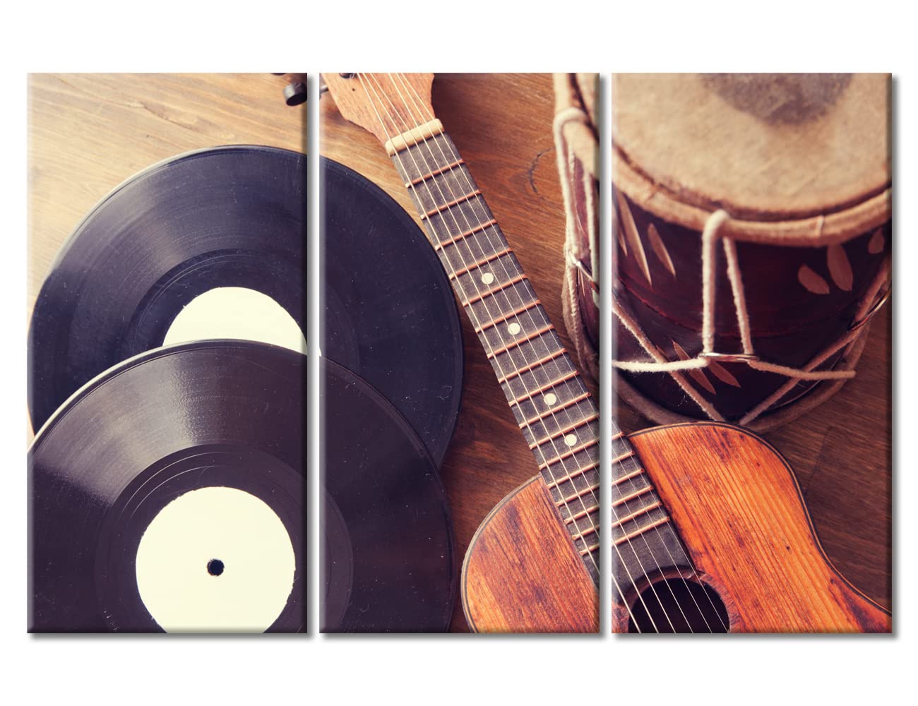 Vintage Music Records Canvas Wall Art - 3 Piece Framed Vintage Acoustic Guitar, Drum & Vinyl Record Painting on Wooden Background - Ready to Hang Home Decor for Living Room, Bedroom, Office (60