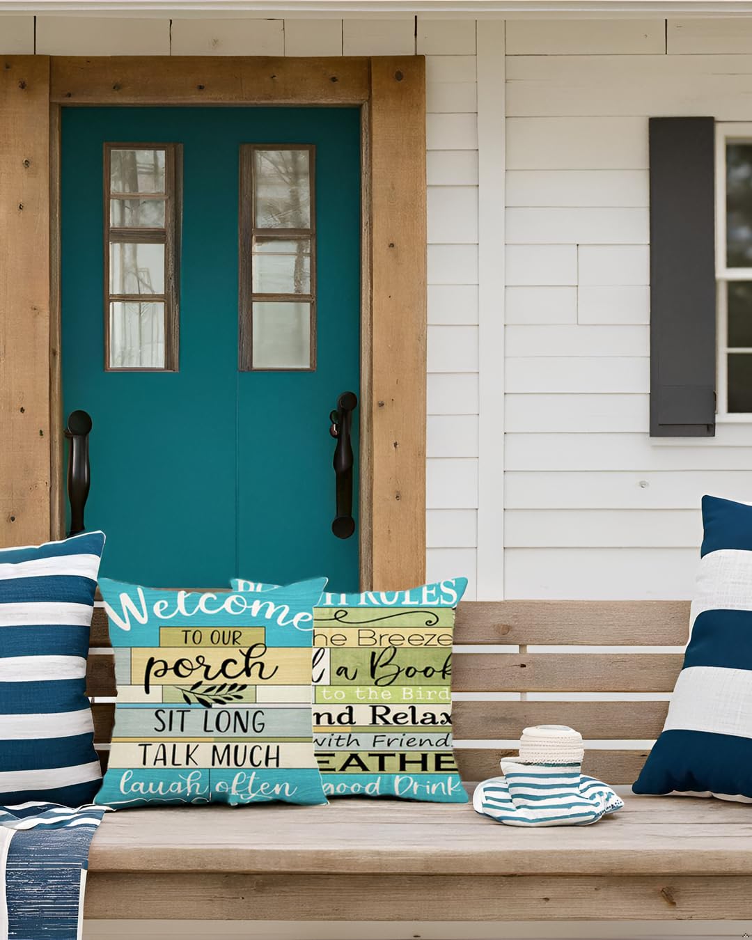 Waterproof Outdoor Pillow Covers 18x18 Inch - Turquoise Woodgrain Stripe Decorative Cushion Covers for Patio Furniture (Set of 2) - Perfect for Lake House Porch, Garden, and Backyard Decor