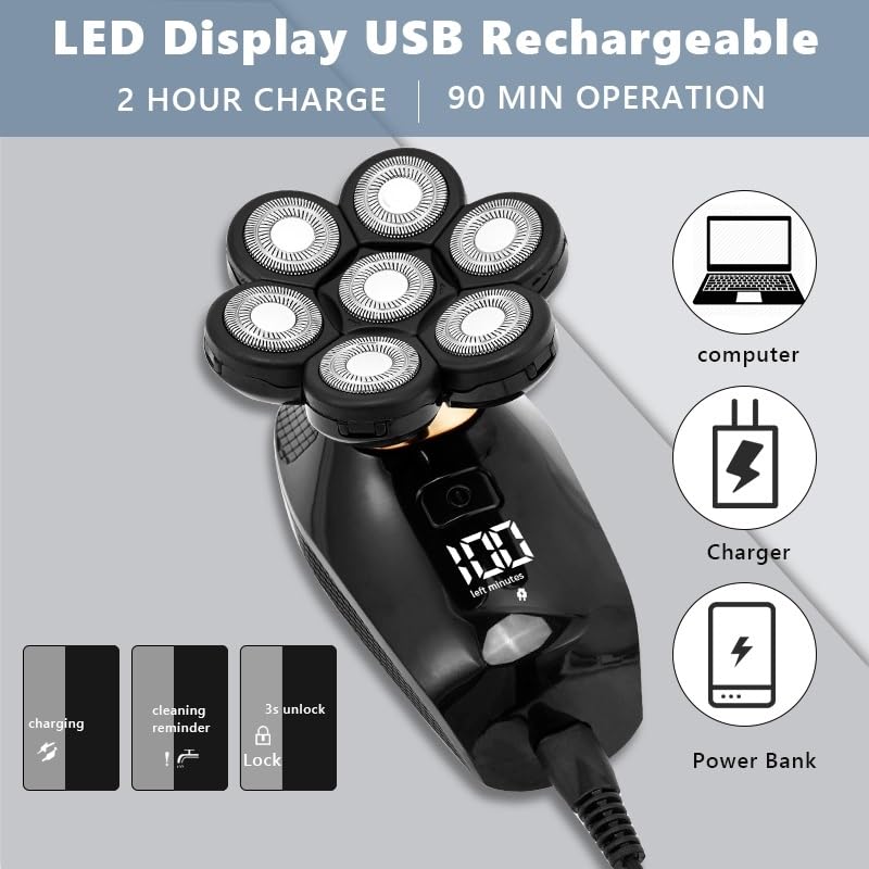 7D Electric Head Shaver for Bald Men - 7 Floating Cutters, Waterproof, USB Rechargeable Trimmer for Smooth Shaving | Perfect for Travel, Gym & Daily Grooming