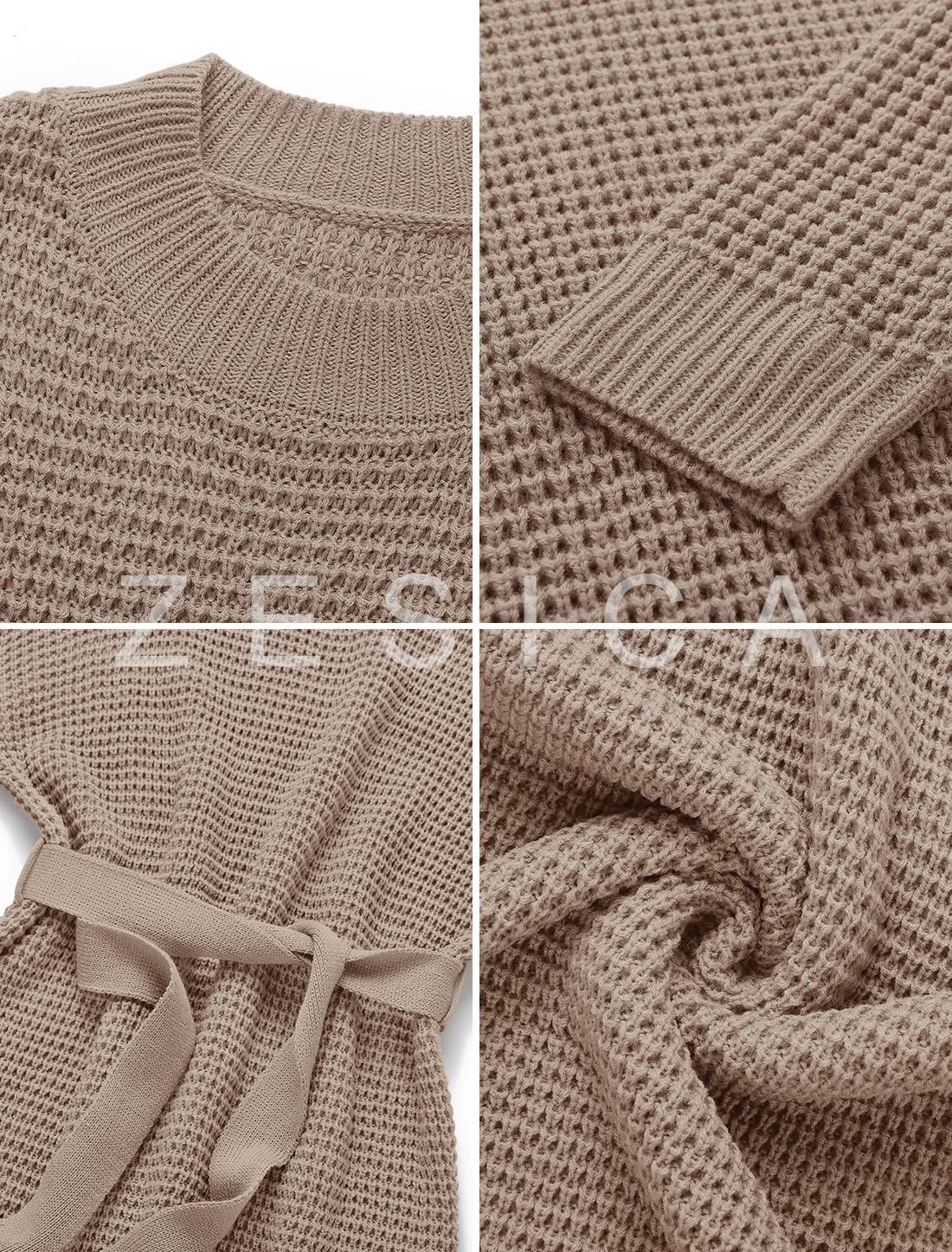 ZESICA Women's Long Sleeve Waffle Knit Tie Waist Tunic Sweater Dress - Fall Winter Pullover for Casual Outings, Office Wear & Holiday Outfits
