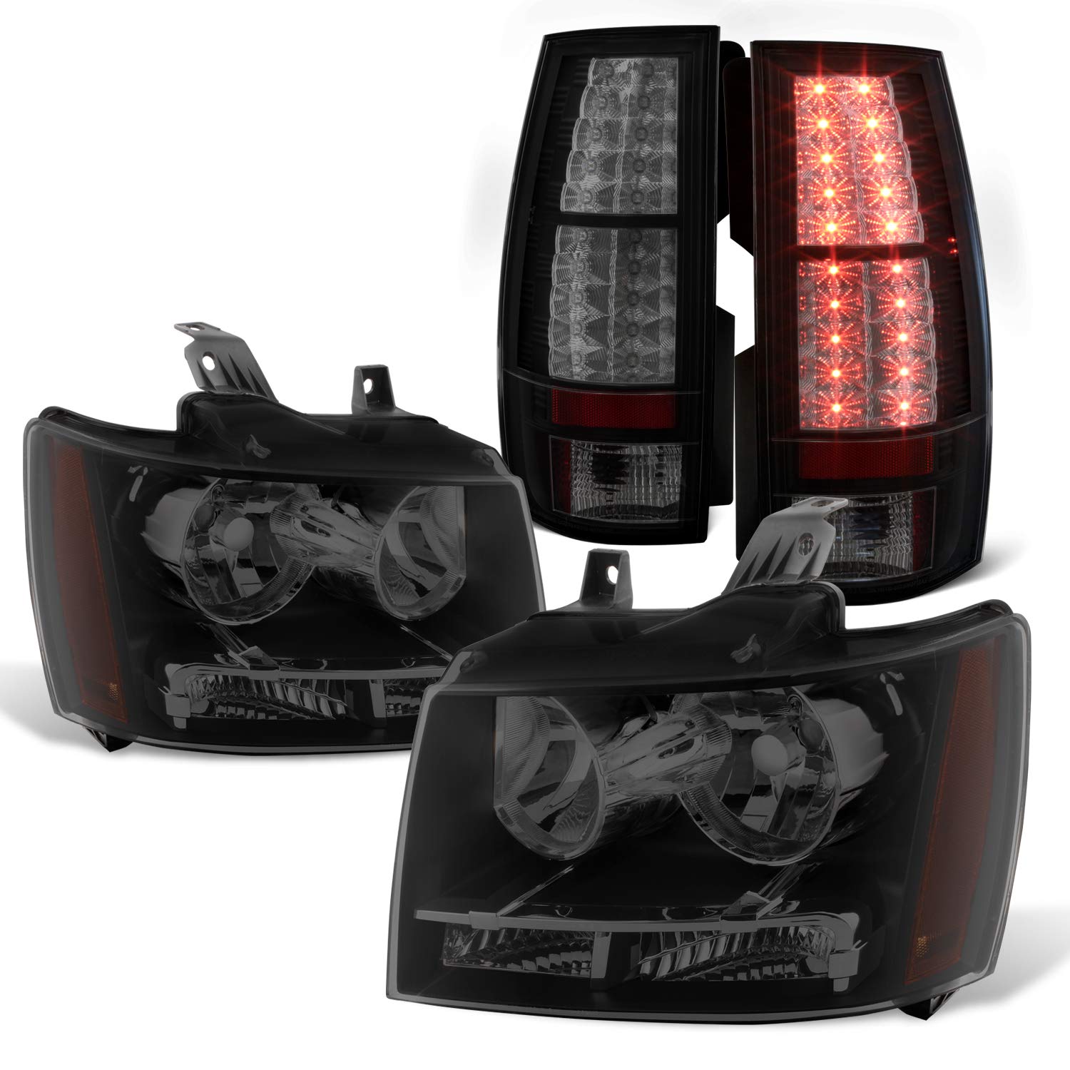 AKKON Black Smoked OE Headlights & LED Tail Lights Replacement for 2007-2014 Chevy Suburban Tahoe - Upgrade Your Vehicle Lighting for Night Driving and Enhanced Style