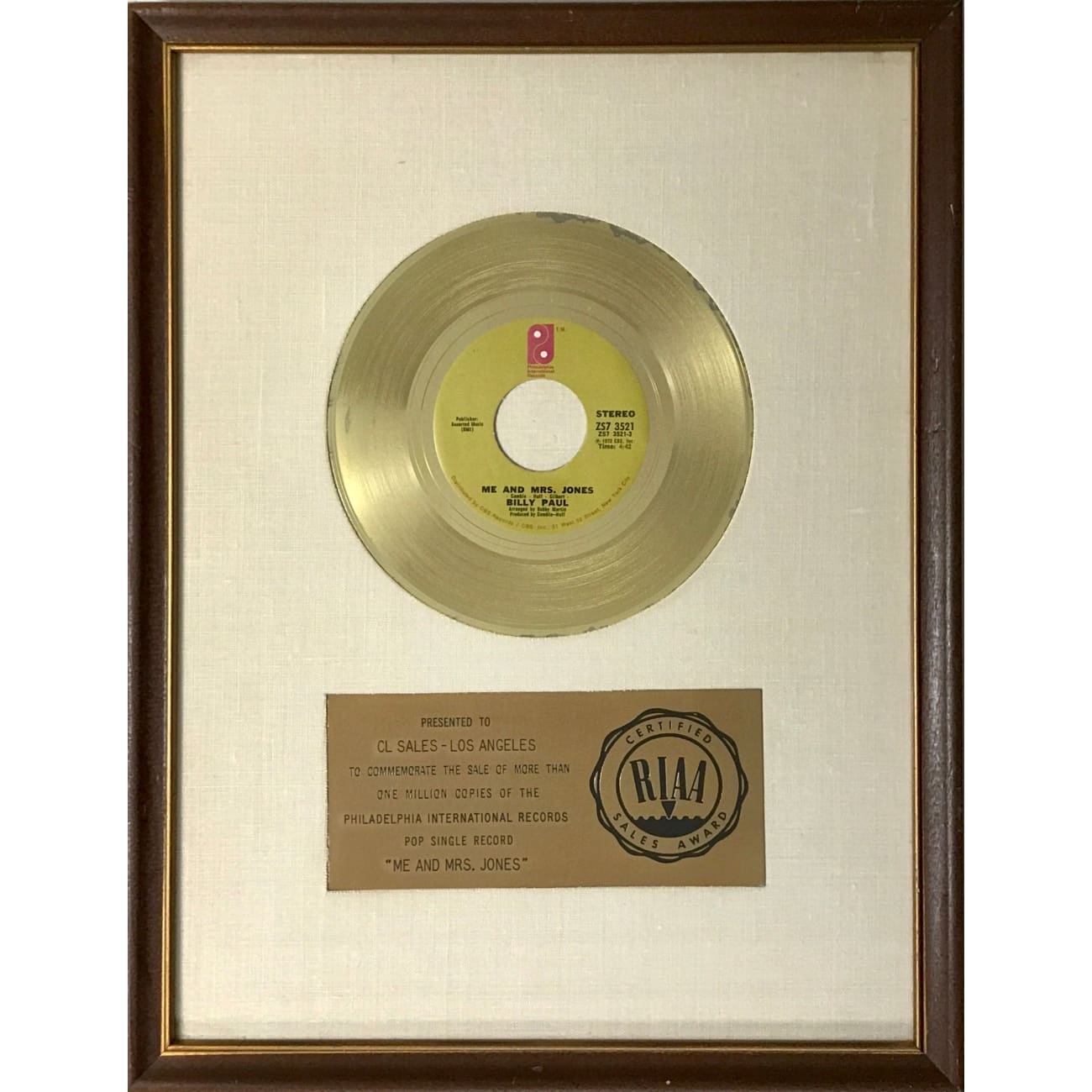 Billy Paul Me and Mrs. Jones RIAA Gold 45 Award - Rare Vintage Vinyl Record for Collectors & Music Enthusiasts - Perfect for Home Decor, Music Collections & Retro Gifts