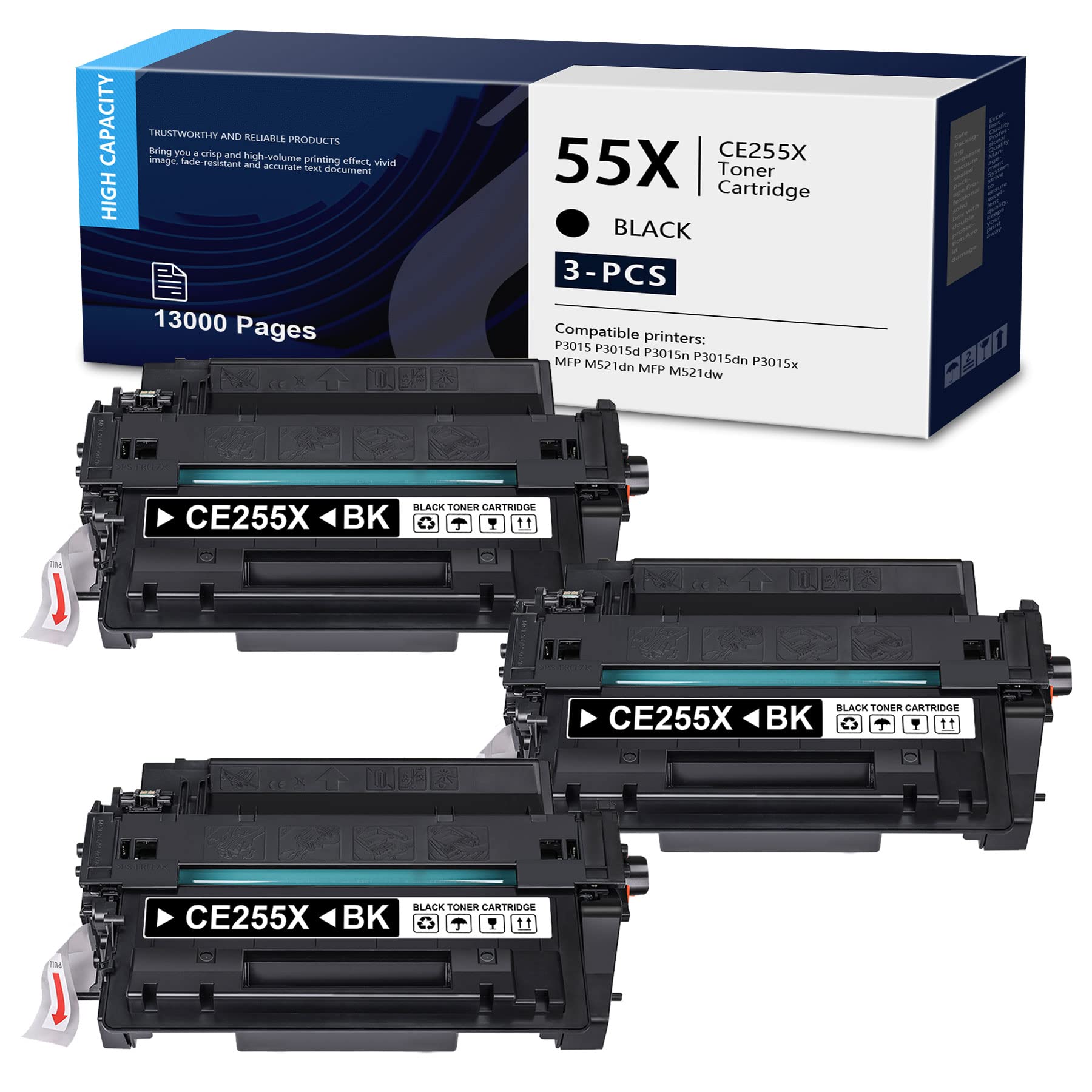 DOPHEN 3-Pack CE255X 55X High Yield Black Toner Cartridge - Compatible with HP P3015 P3015d P3015n P3015x MFP M521dn M521dw M525dn M525f M525c Printers - Replacement Toner for Office & Home Printing Needs