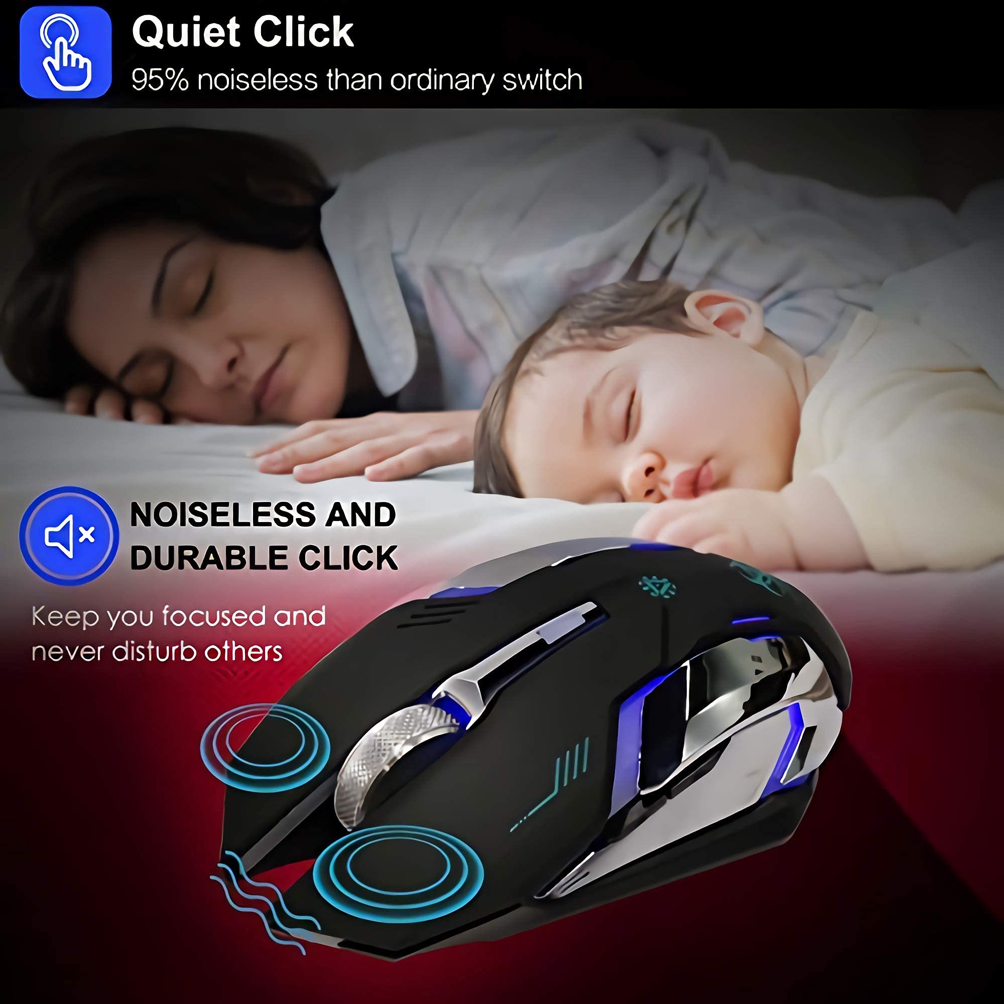 VEGCOO Wireless Gaming Mouse - Silent Rechargeable RGB Mouse with 3 Adjustable DPI & 6 Buttons for PC, Laptop, Mac - Perfect for Gaming, Office Work & Home Use