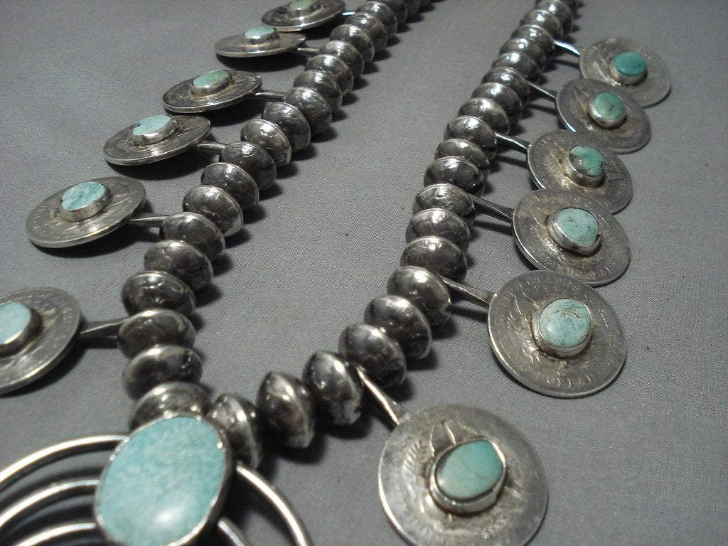Vintage Navajo Turquoise Sterling Silver Squash Blossom Necklace - 508g Authentic Native American Jewelry for Women, Perfect for Boho Fashion, Weddings & Special Occasions