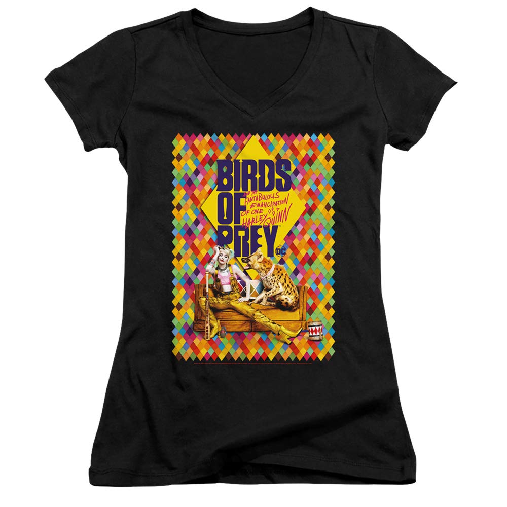 Birds of Prey Junior's Sheer Fitted V-Neck T-Shirt | Trendy Graphic Tee for Girls | Perfect for Casual Wear, School & Superhero Costumes