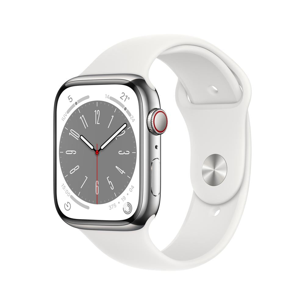 Apple Watch Series 8 (GPS + Cellular) 45mm Silver Stainless Steel Case with White Sport Band - Perfect for Fitness Tracking, Workouts & Everyday Wear