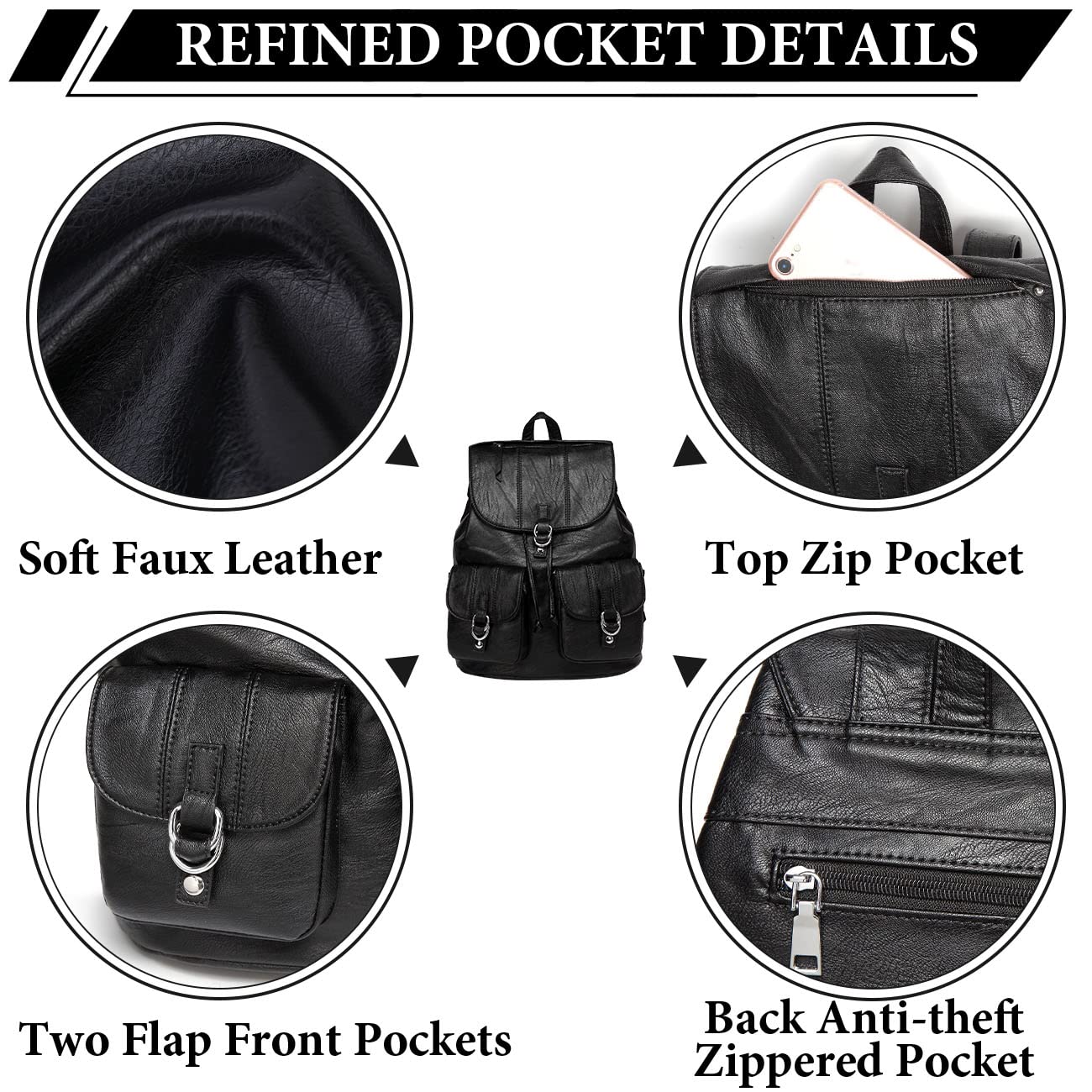 VASCHY Women's Faux Leather Backpack Purse with Buckle Flap & Drawstring Closure, Stylish College Backpack with Two Front Pockets - Black | Perfect for School, Travel & Everyday Use