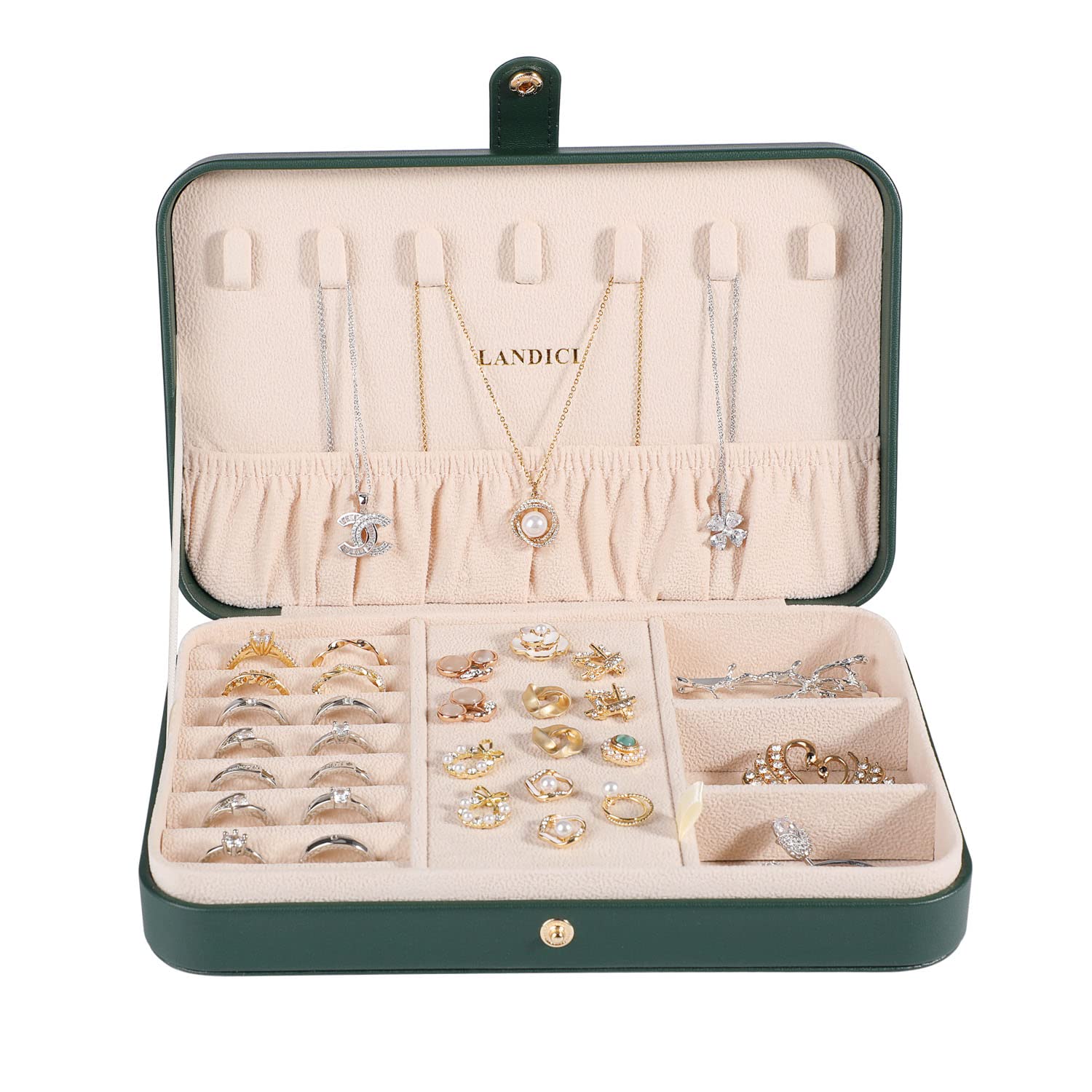 LANDICI Small Jewelry Box for Women & Girls - PU Leather Travel Jewelry Organizer Case with Storage Compartments for Rings, Earrings, Necklaces, Bracelets & Watches - Perfect Gift for Her, Birthday, Anniversary & Travel Accessories (Blackish Green)